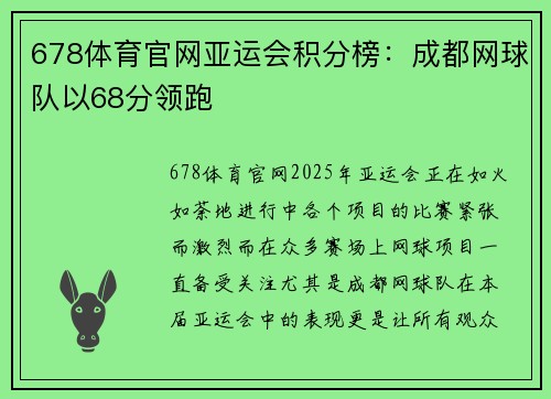 678体育官网亚运会积分榜：成都网球队以68分领跑
