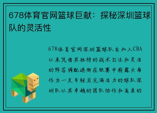 678体育官网篮球巨献：探秘深圳篮球队的灵活性