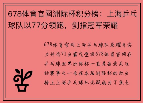 678体育官网洲际杯积分榜：上海乒乓球队以77分领跑，剑指冠军荣耀